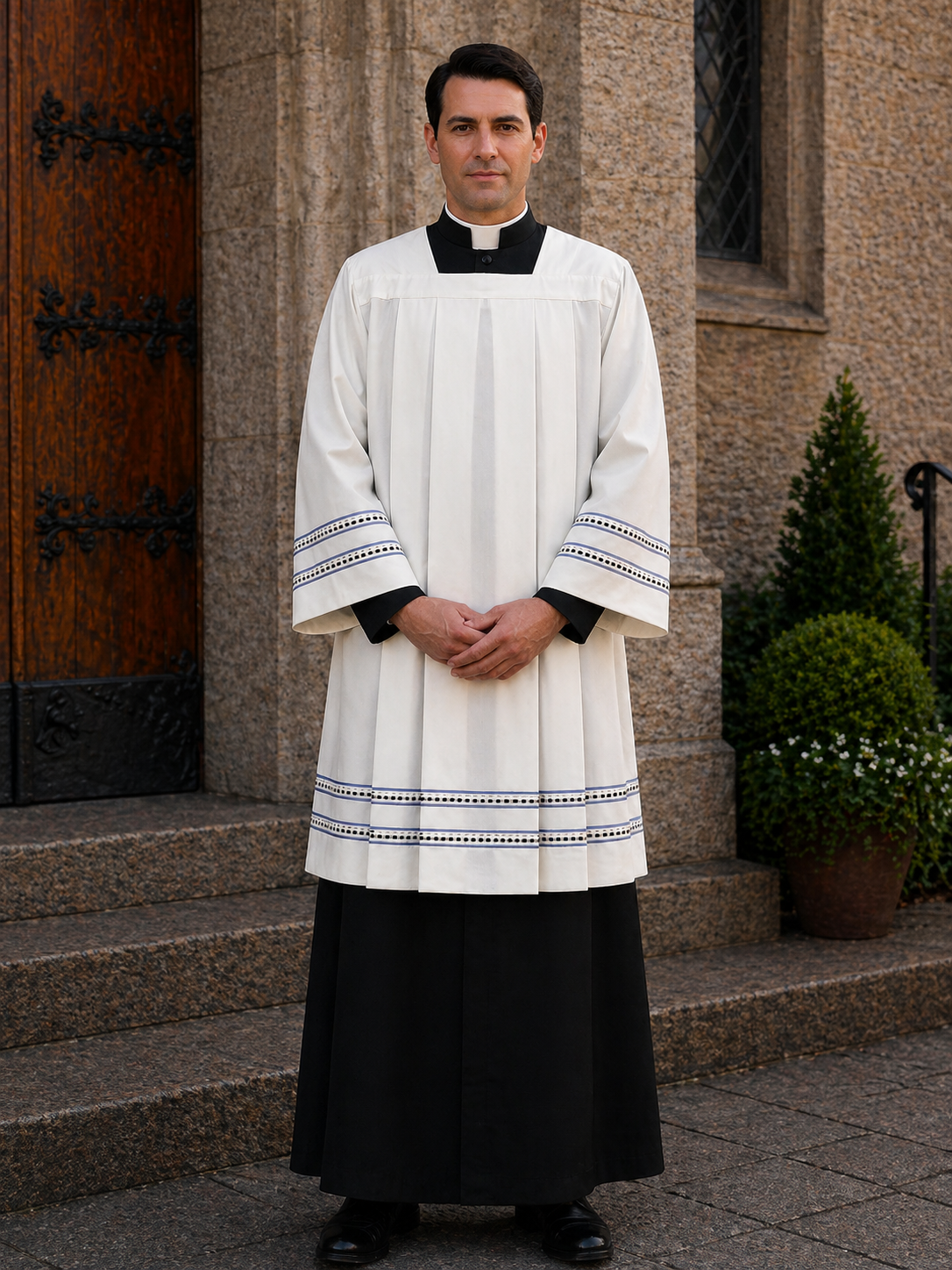 Clergy Surplice with gold thread hemstitch and front and back pleats. Made in Italy and sold by The Clergy Store