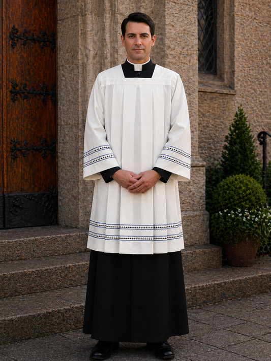 Clergy Surplice with gold thread hemstitch and front and back pleats. Made in Italy and sold by The Clergy Store
