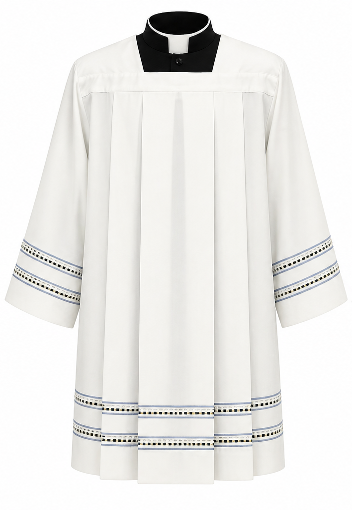 Clergy Surplice with gold thread hemstitch and front and back pleats. Made in Italy and sold by The Clergy Store