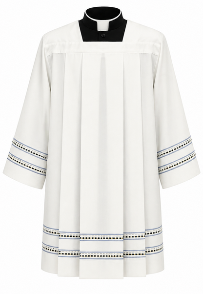 Clergy Surplice with gold thread hemstitch and front and back pleats. Made in Italy and sold by The Clergy Store