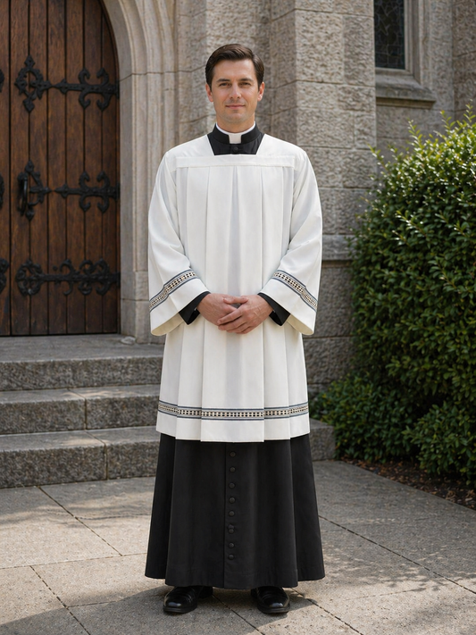 Clergy Surplice with gold thread hemstitch and front and back pleats. Made in Italy and sold by The Clergy Store