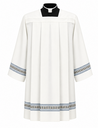 Clergy Surplice with gold thread hemstitch and front and back pleats. Made in Italy and sold by The Clergy Store