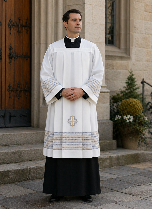 Priest in liturgical surplice standing in front of a church door.