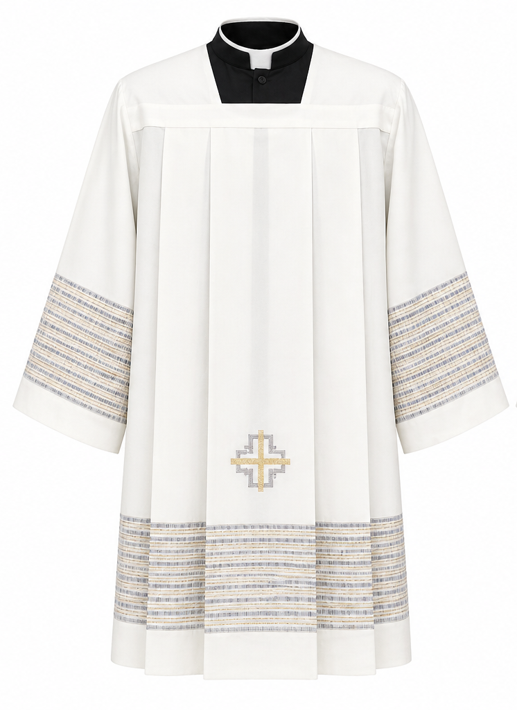 Clergy Surplice with gold thread hemstitch and front and back pleats. Made in Italy and sold by The Clergy Store