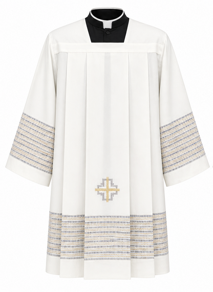 Clergy Surplice with gold thread hemstitch and front and back pleats. Made in Italy and sold by The Clergy Store