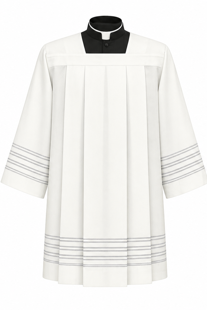 Clergy Surplice with grey pinstripe and front and back pleats. Made in Italy and sold by The Clergy Store