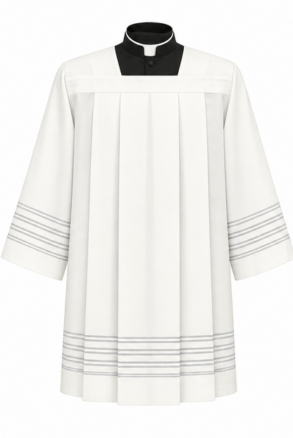 Clergy Surplice with grey pinstripe and front and back pleats. Made in Italy and sold by The Clergy Store