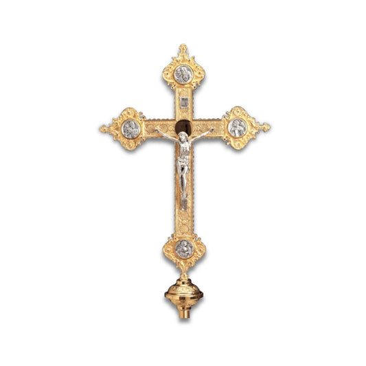 Processional Cross with pole Four Evangelist style two tone finish. Made in Italy and sold by The Clergy Store