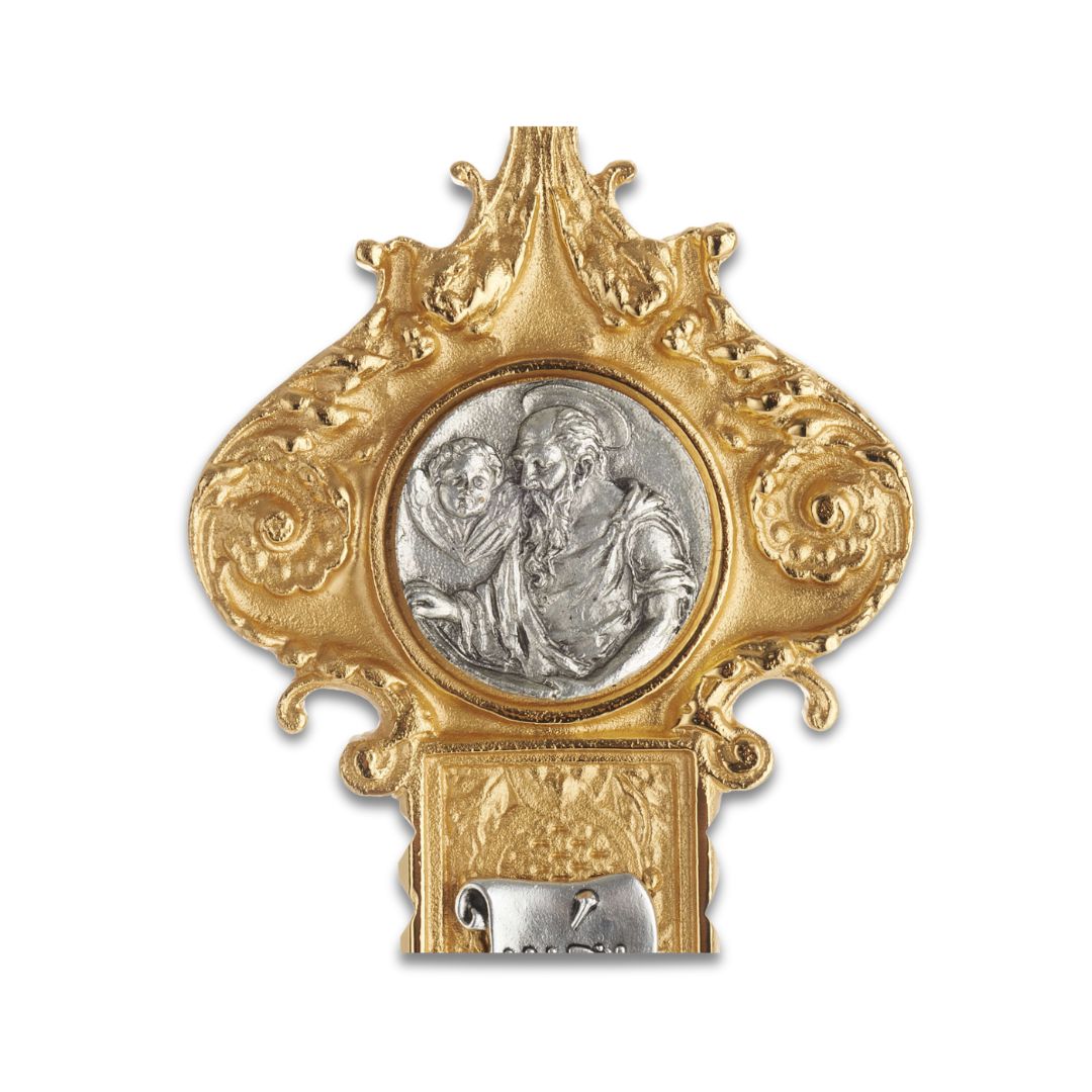 Processional Cross with pole Four Evangelist style two tone finish. Made in Italy and sold by The Clergy Store