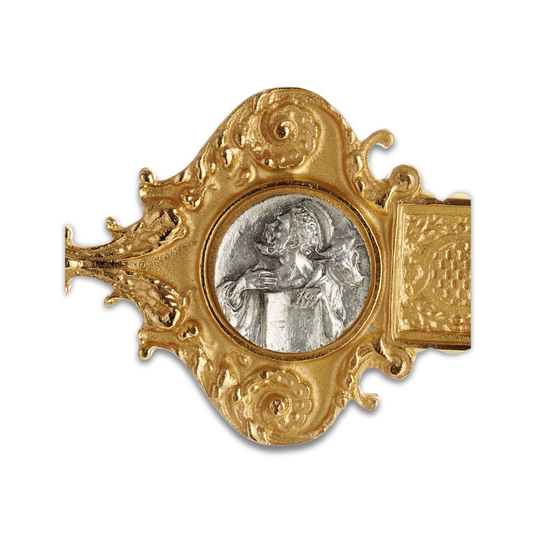 Processional Cross with pole Four Evangelist style two tone finish. Made in Italy and sold by The Clergy Store