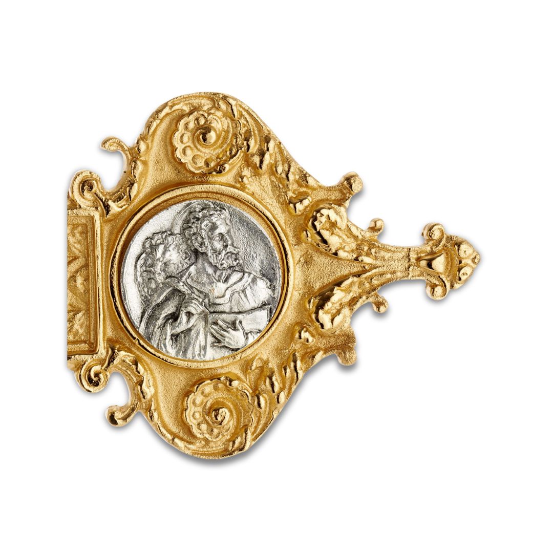 Processional Cross with pole Four Evangelist style two tone finish. Made in Italy and sold by The Clergy Store