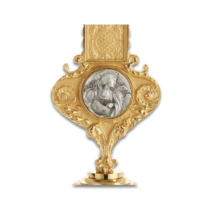 Processional Cross with pole Four Evangelist style two tone finish. Made in Italy and sold by The Clergy Store