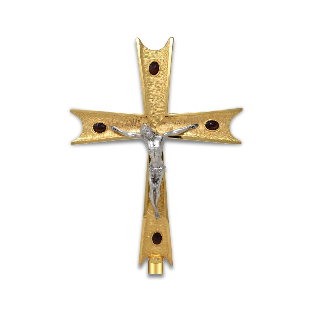Processional Cross with pole Four purple crystals in gold plated finish. Made in Italy and sold by The Clergy Store