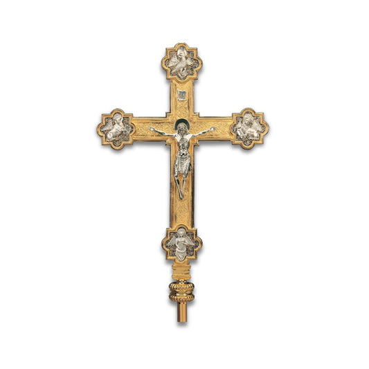 Processional Cross with pole Four Evangelist style two tone finish. Made in Italy and sold by The Clergy Store