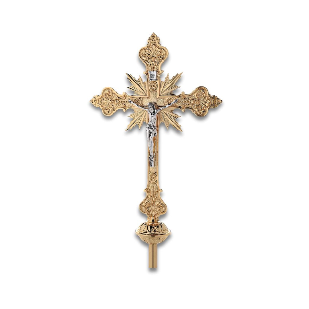 Processional Cross with pole Four Baroque style silver or gold finish. Made in Italy and sold by The Clergy Store
