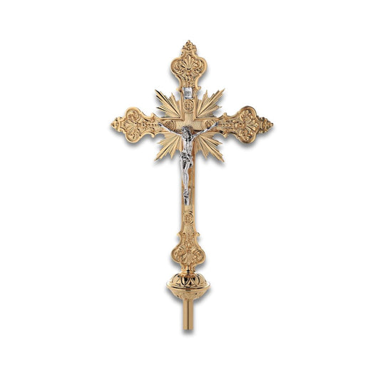 Processional Cross with pole Four Baroque style silver or gold finish. Made in Italy and sold by The Clergy Store