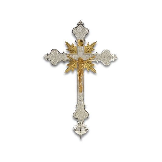 Processional Cross with pole Four Baroque style silver or gold finish. Made in Italy and sold by The Clergy Store