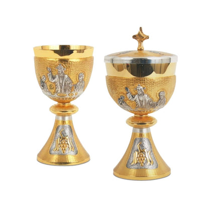 Chalice  & Ciborium with chiseled  Last Supper motif in a Bi-Color finish
