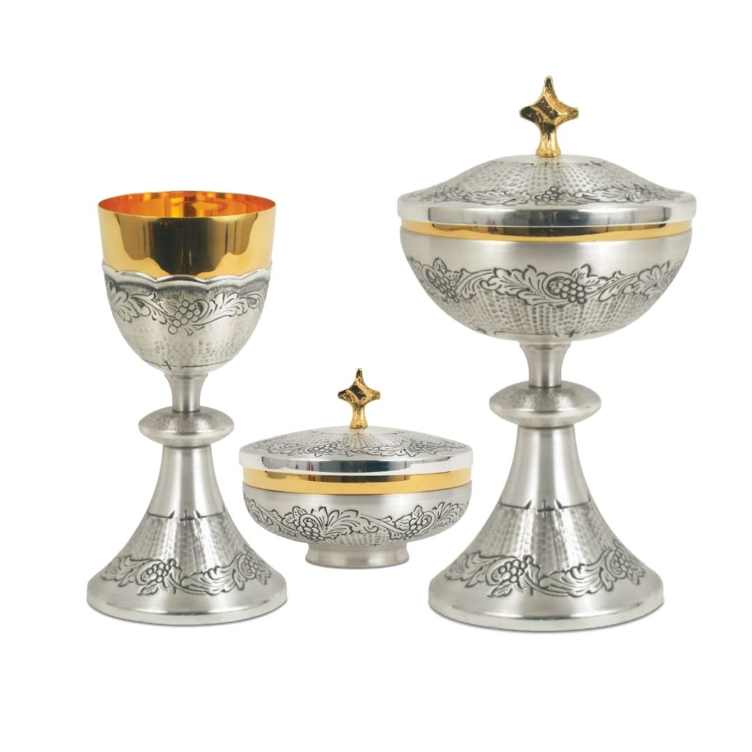 Silver Color Chalice & Ciborium Set with hand chiseled Grapes & Vines