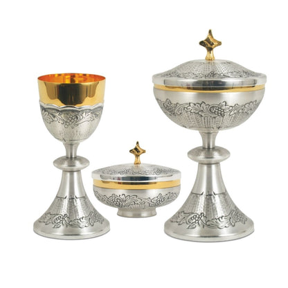 Silver Color Chalice & Ciborium Set with hand chiseled Grapes & Vines