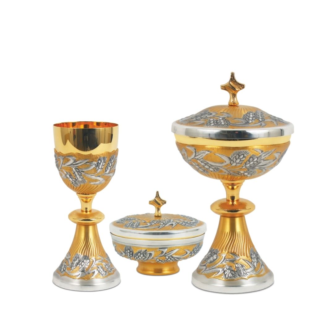 Silver or Bi-Color Chalice and Ciborium with hand chiseled Ears of Wheat