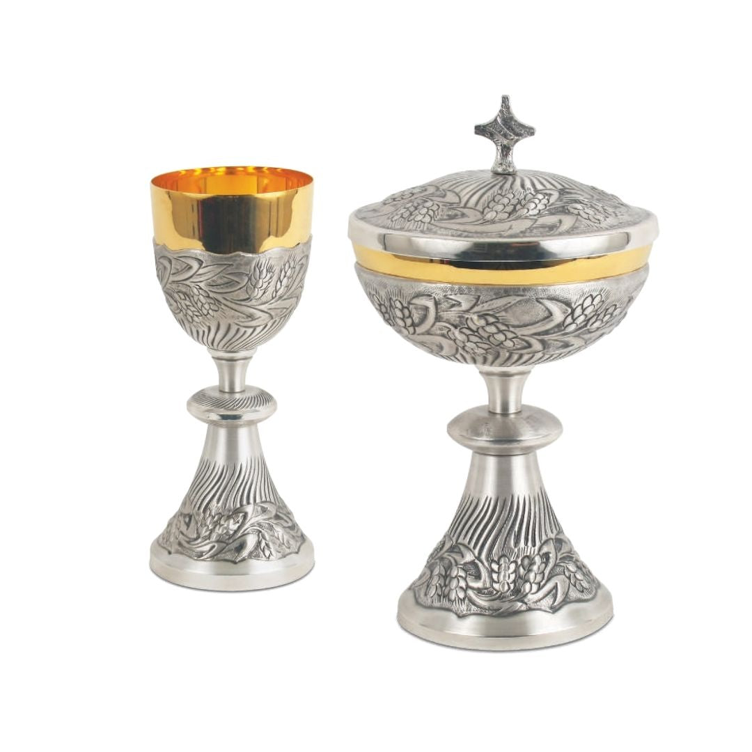 Silver or Bi-Color Chalice and Ciborium with hand chiseled Ears of Wheat