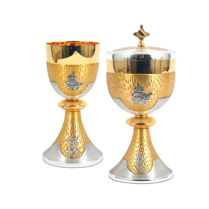 Chalice  and Ciborium Set with chiseled  Fish and Wheat motif in a Bi-Color finish