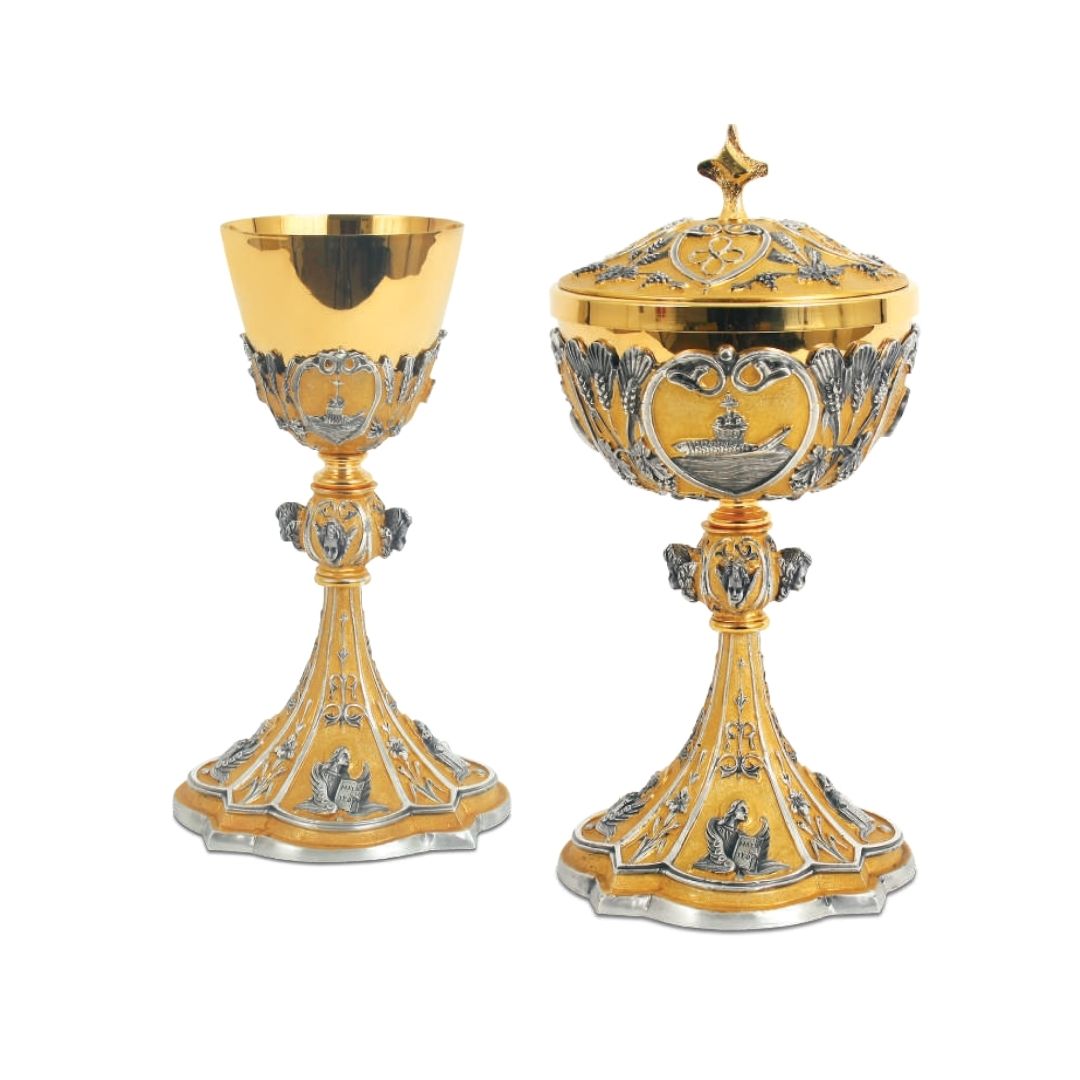 Chalice and Ciborium set with images of the four evangelist and wheat and grapes