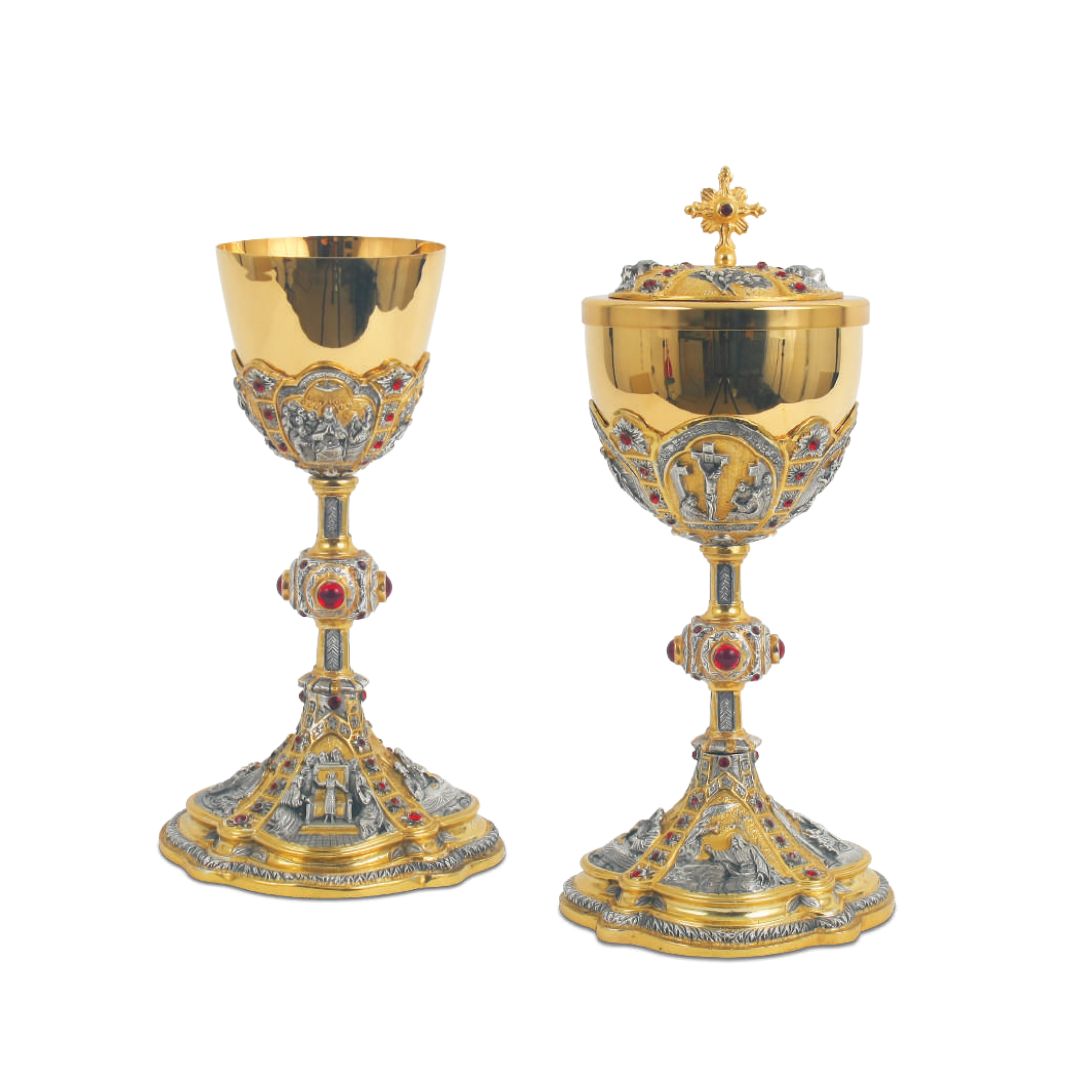Chalice and Ciborium bi-color gold plated with biblical motives and stones.