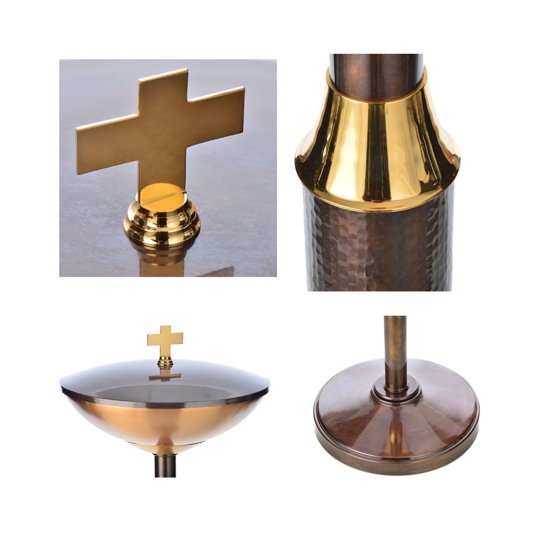 Baptismal font in hammered bronze finish. 44.5" Tall with 15.7" Tub. Made in Italy and sold by The Clergy Store