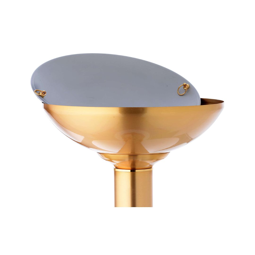 Baptismal font with blue decoration and marble base and finished in gold plated brass. Made in Italy and sold by The Clergy Store