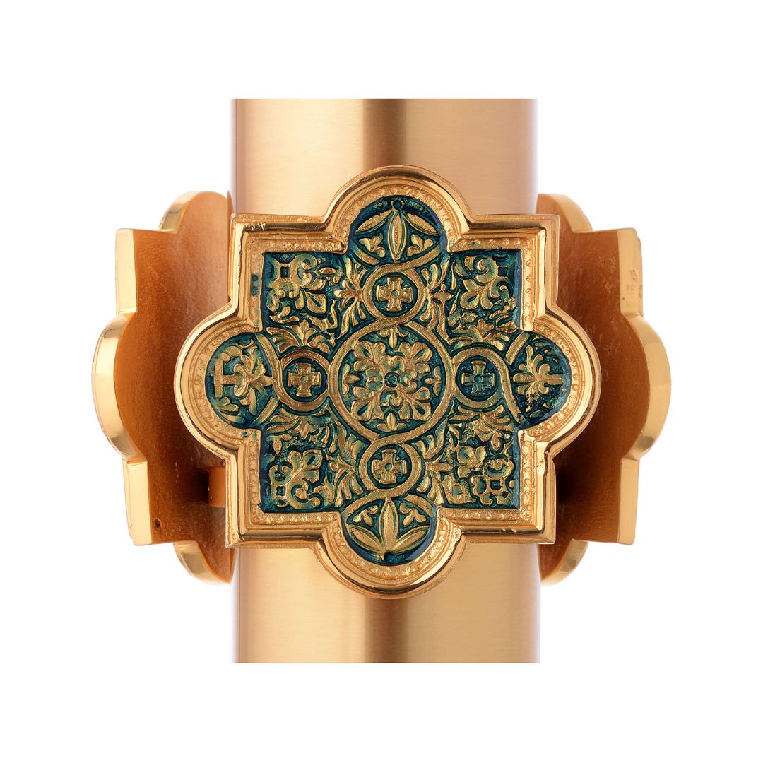 Baptismal font with blue decoration and marble base and finished in gold plated brass. Made in Italy and sold by The Clergy Store