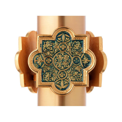 Baptismal font with blue decoration and marble base and finished in gold plated brass. Made in Italy and sold by The Clergy Store