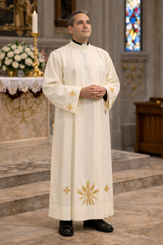 Catholic liturgical slip over alb in ecru with zipper on the shoulder and embroidered cross and wheat desgn on the bottom and the sleeves.