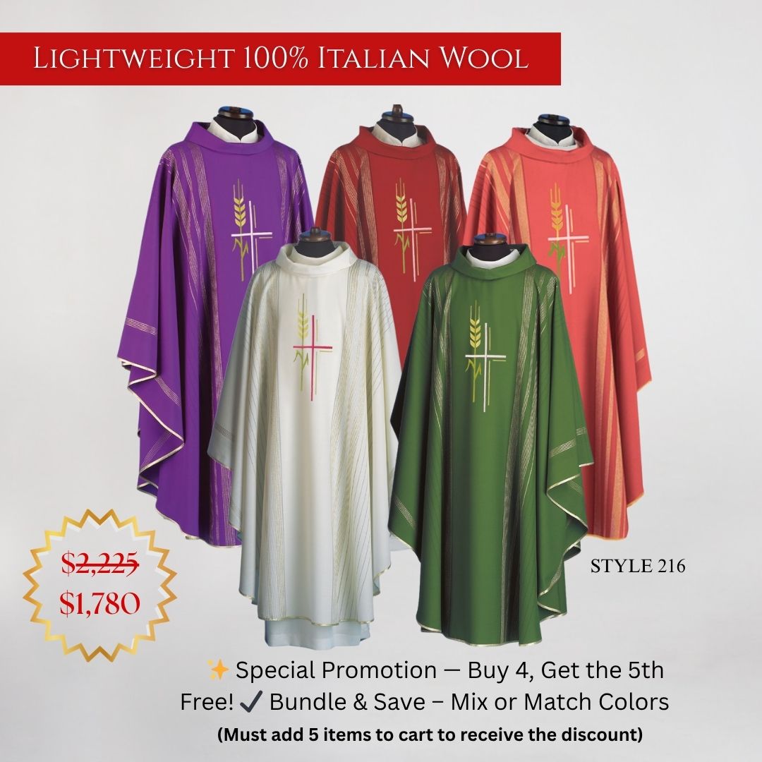 Vestment bundle deal. Buy 5 Pay for 4. Lightweight 100% Italian Wool. Made in Italy. Sold by The Clergy Store
