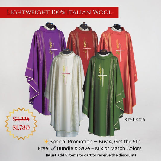 Vestment bundle deal. Buy 5 Pay for 4. Lightweight 100% Italian Wool. Made in Italy. Sold by The Clergy Store