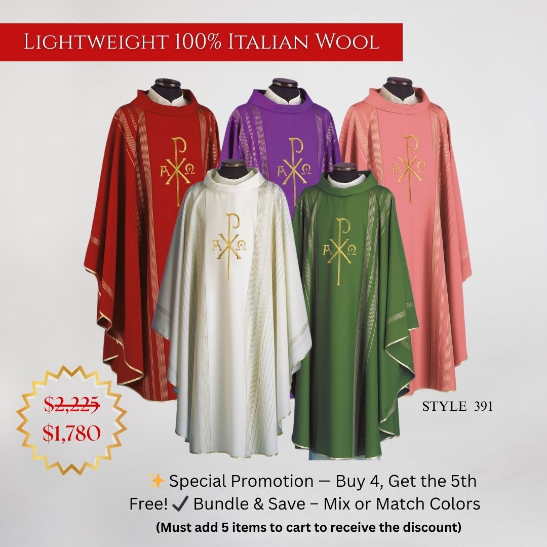 Vestment bundle deal. Buy 5 Pay for 4. Lightweight 100% Italian Wool. Made in Italy. Sold by The Clergy Store