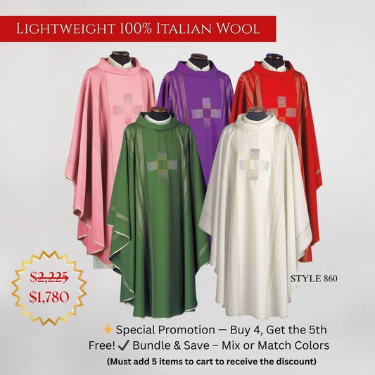 Vestment bundle deal. Buy 5 Pay for 4. Lightweight 100% Italian Wool. Made in Italy. Sold by The Clergy Store