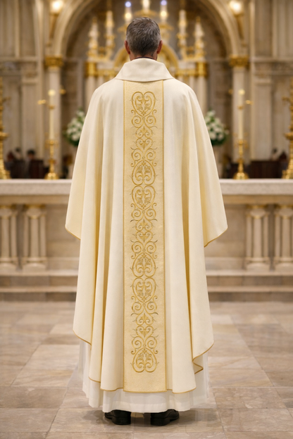 St. Joseph chasuble in ivory with baroque embroidery on gold lurex. 