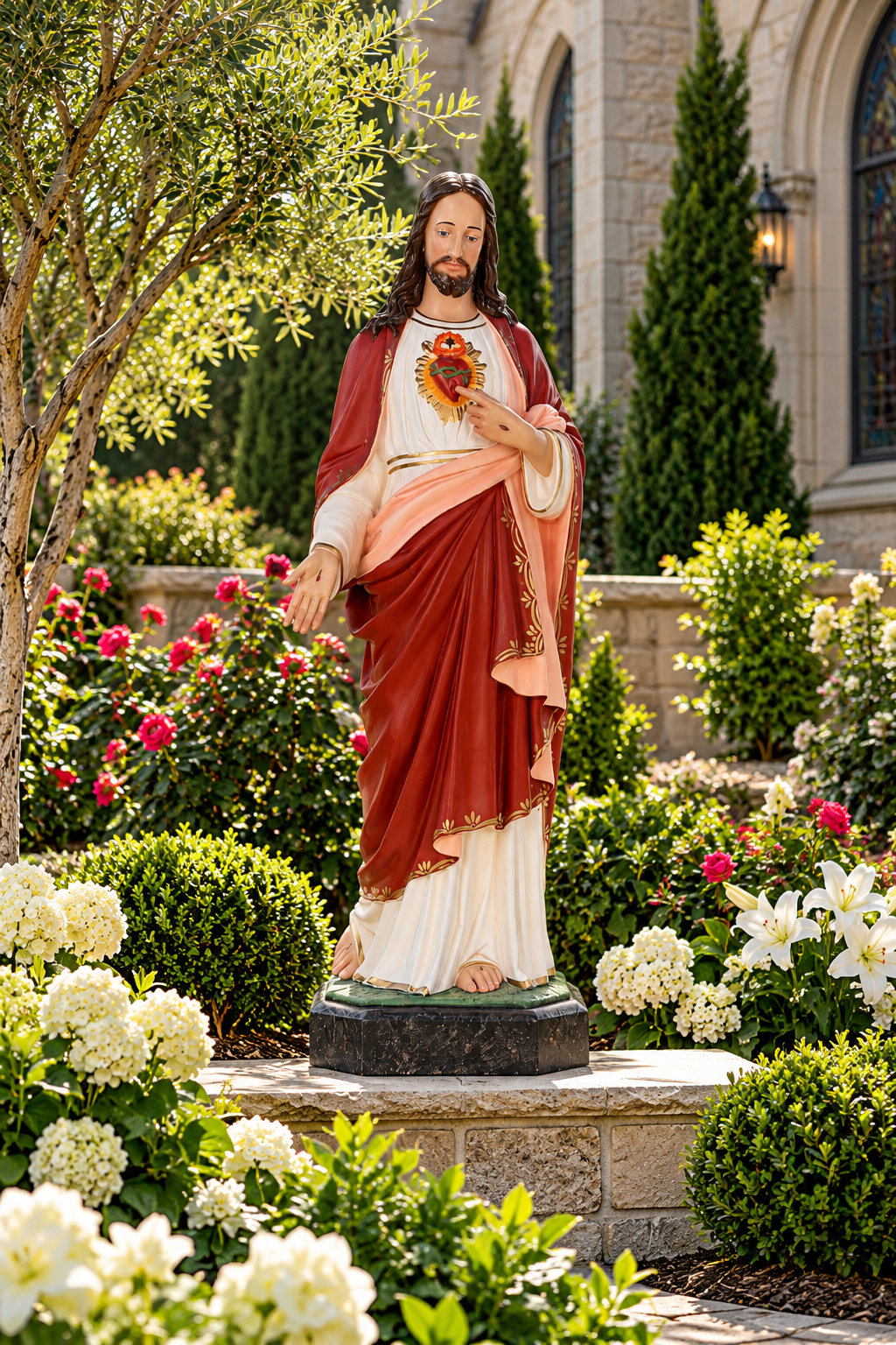 Hand-painted Sacred Heart of Jesus fiberglass statue, made in Italy