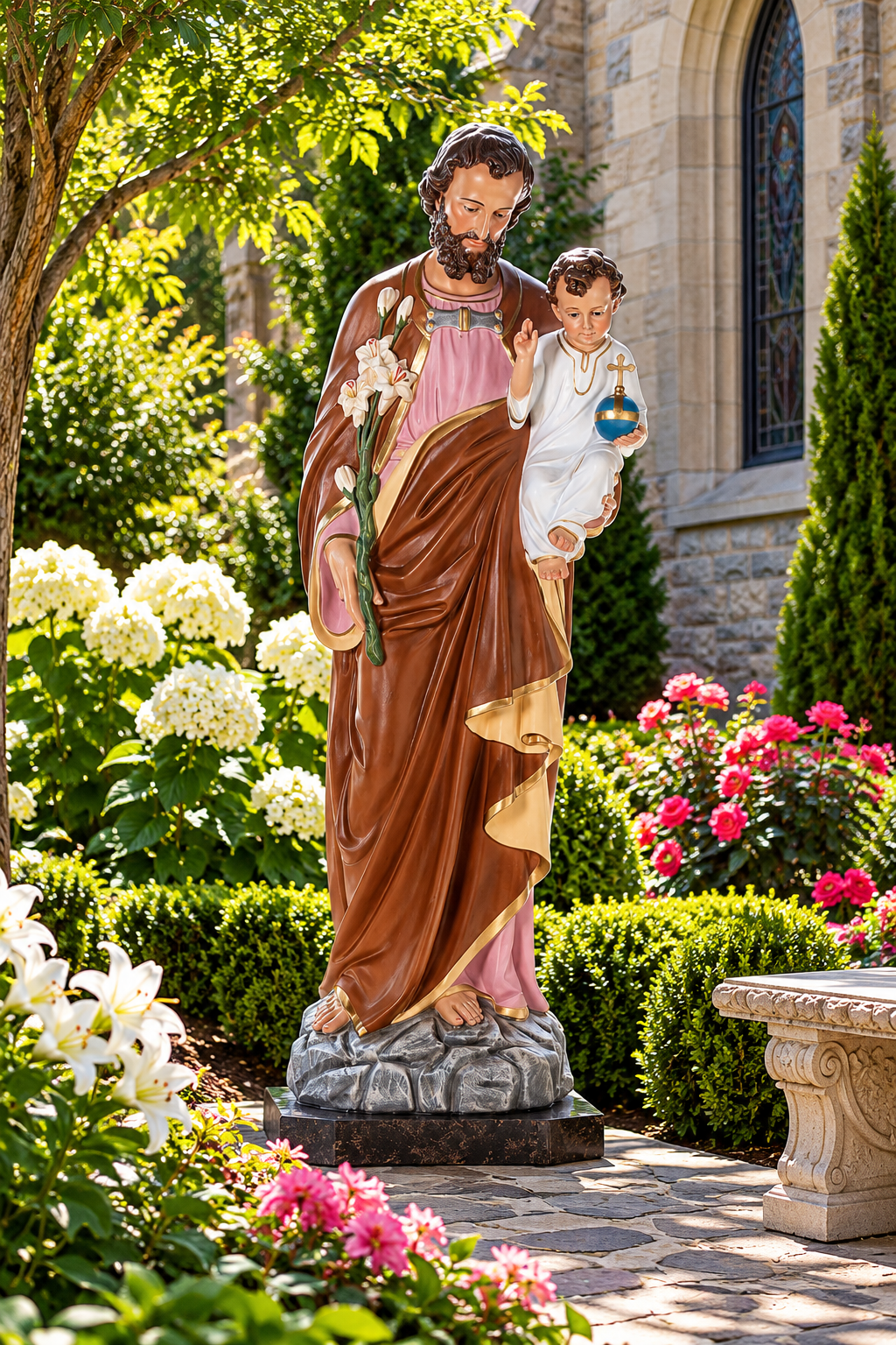 Hand-painted St. Joseph holding the Child Jesus fiberglass statue, made in Italy