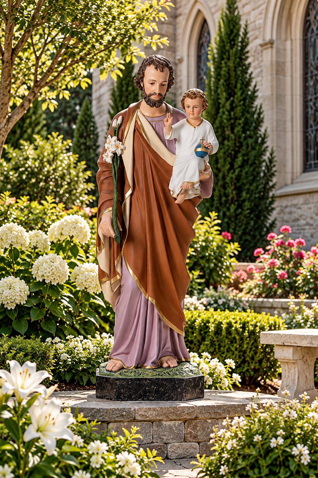 Hand-painted St. Joseph holding the Child Jesus fiberglass statue, made in Italy