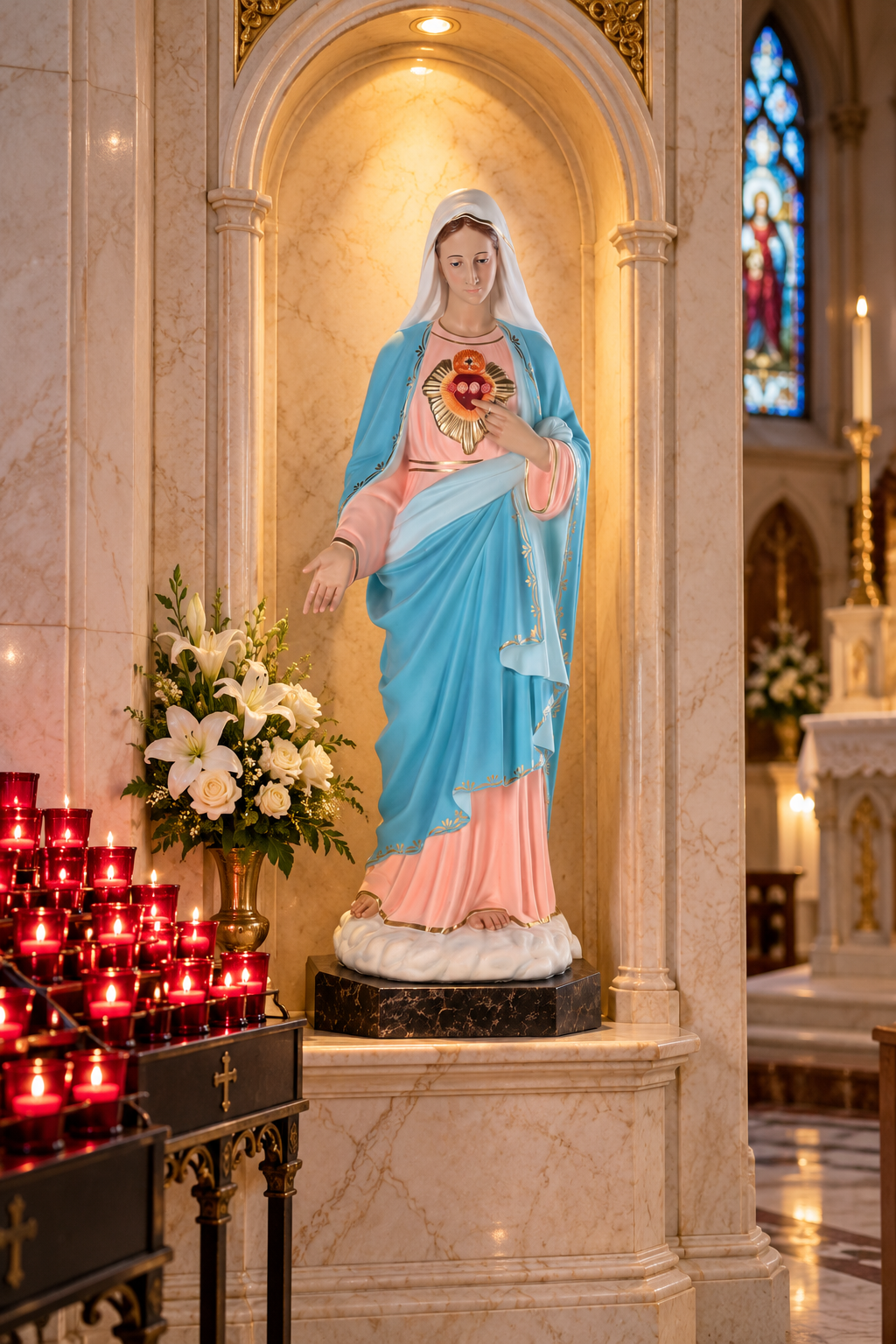 Hand-painted Sacred Heart of Mary fiberglass statue, made in Italy