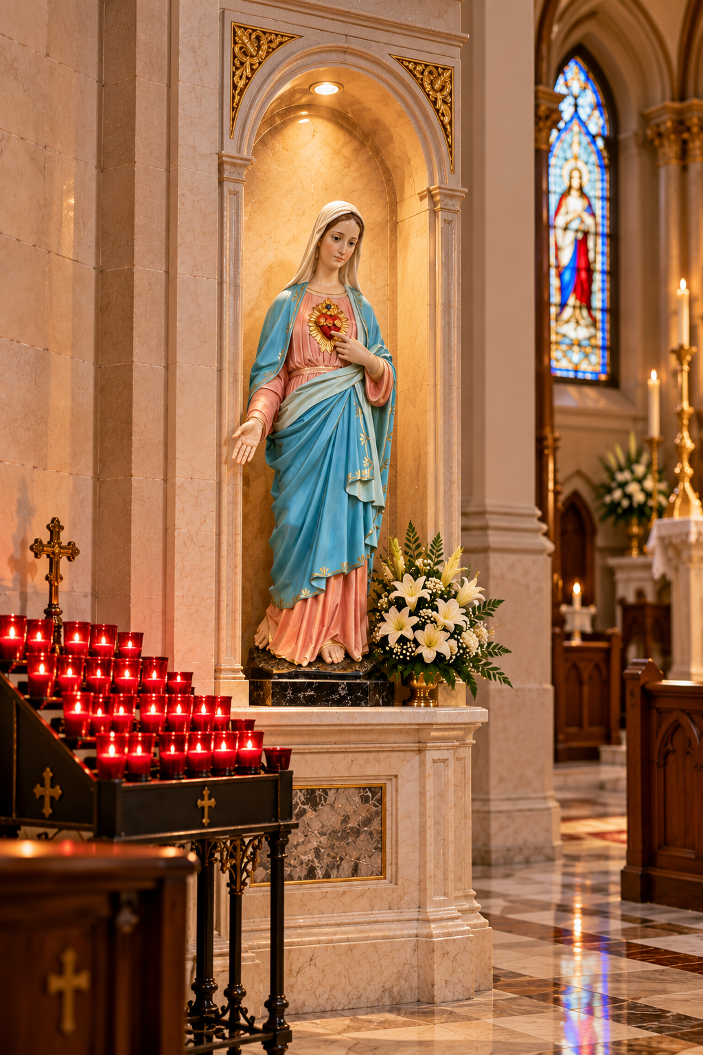 Hand-painted Immaculate Heart of Mary fiberglass statue, made in Italy