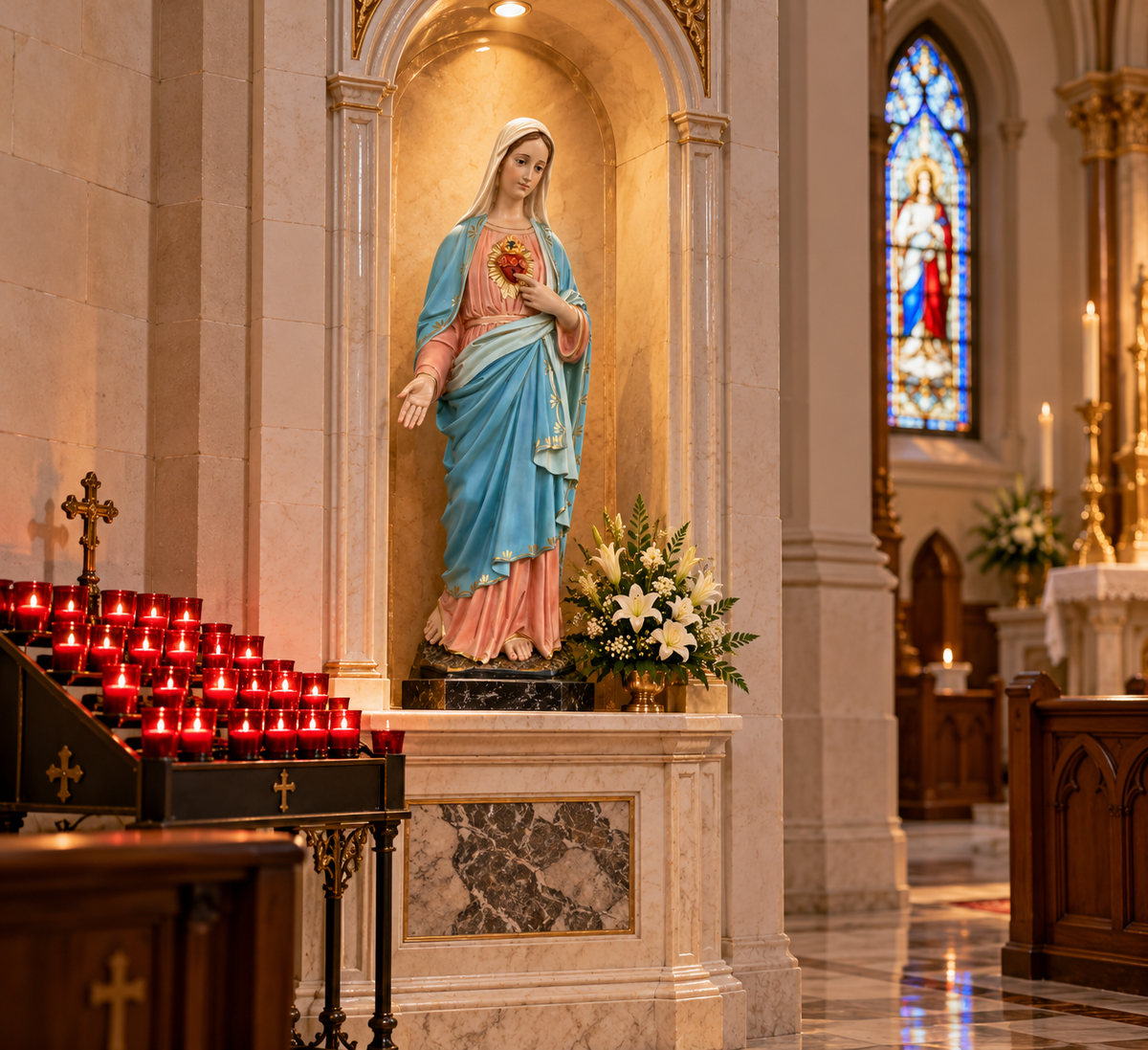 Hand-painted Immaculate Heart of Mary fiberglass statue, made in Italy