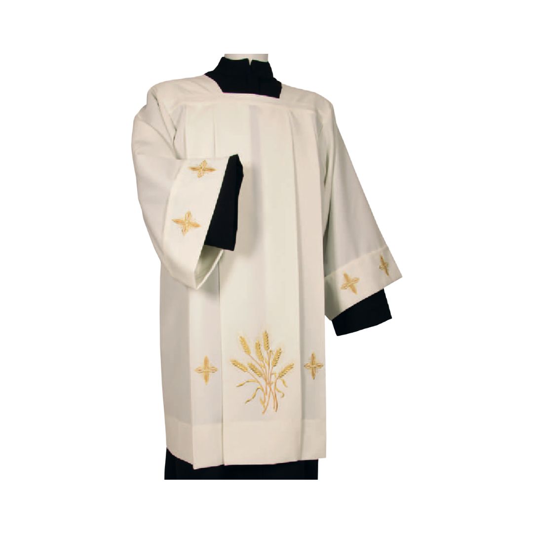 Clergy surplice in a polyester material. Embroidered crosses and wheat design. Made in Italy and sold by The Clergy Store.