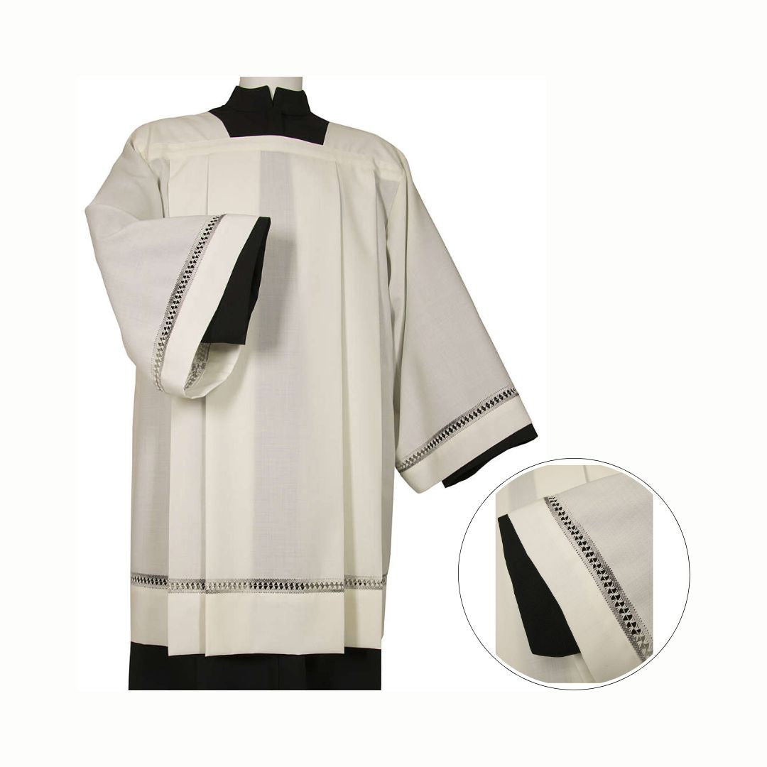 Clergy surplice in fine Italian wool with grey thread hemstitch. Square Neckline and Front and Back Pleats. Made in Italy and sold by The Clergy Store