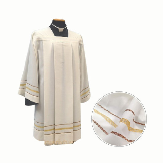 Clergy Surplice with gold thread hemstitch and front and back pleats. Made in Italy and sold by The Clergy Store