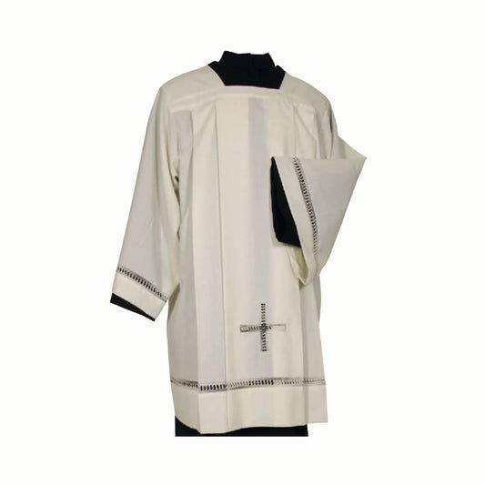 Clergy Surplice made from a wool blend with grey hemstitch and cross insert. Made in Italy and sold by The Clergy Store