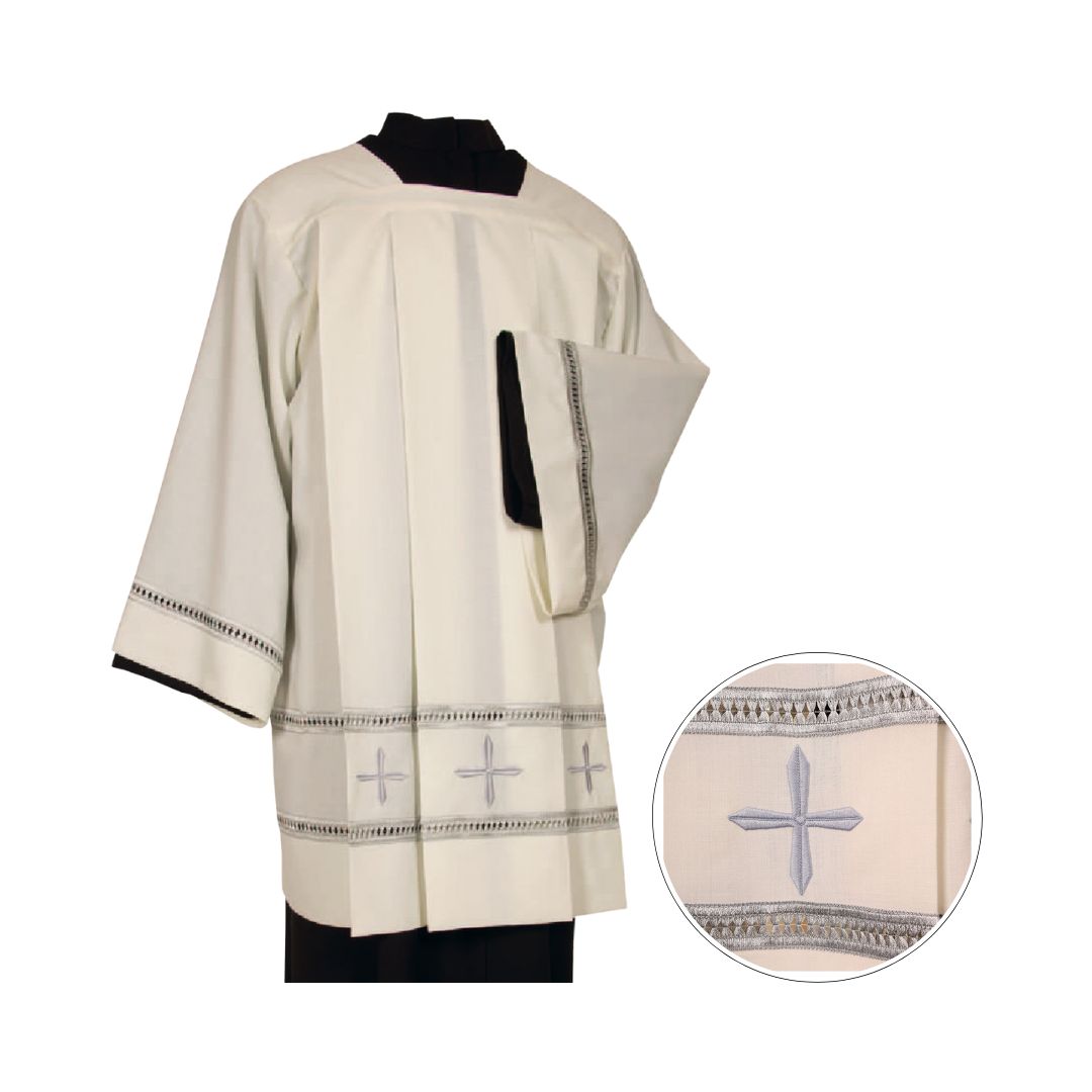 Clergy Surplice made from a wool blend with grey hemstitch and cross insert. Made in Italy and sold by The Clergy Store